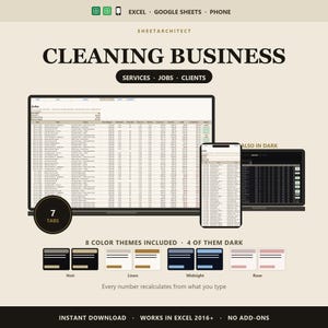 Puede incluir: Una plantilla de hoja de cálculo digital para empresas de limpieza compatible con Excel y Google Sheets. La pantalla muestra una tabla de datos con siete pestañas, ocho temas de color incluyendo cuatro oscuros y compatibilidad móvil. Texto: CLEANING BUSINESS, SHEETARCHITECT, 7 TABS.