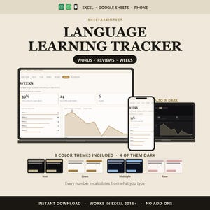 May include: A digital language learning tracker for Excel and Google Sheets, displayed on a laptop and smartphone. The interface shows progress charts, percentages, and word lists. Includes eight color themes like Noir, Linen, Midnight, and Rose.