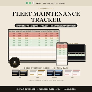 Puede incluir: Una plantilla de hoja de cálculo digital para el seguimiento del mantenimiento de flotas para Excel y Google Sheets. La pantalla muestra una tabla de datos con columnas para odómetro, precio y costes, con temas Noir, Linen, Midnight y Rose.