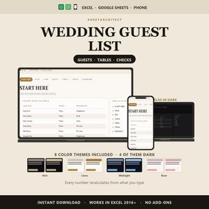 Wedding Guest List Spreadsheet Excel, RSVP Tracker and Seating Chart with Cost Per Guest, Table Planner, Google Sheets