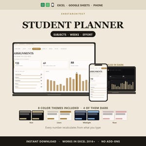Puede incluir: Una plantilla de planificador estudiantil digital para Excel y Google Sheets mostrada en una computadora portátil y un teléfono inteligente. La interfaz incluye seguimiento de tareas, gráficos de barras y tablas de datos. Se incluyen ocho temas de color, como Noir, Linen, Midnight y Rose, con opciones de modo claro y oscuro disponibles para la interfaz de usuario.