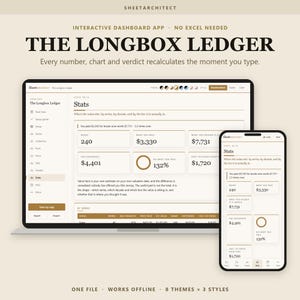 Può includere: Un computer portatile e uno smartphone che mostrano l'app dashboard interattiva The Longbox Ledger. Lo schermo visualizza statistiche su libri, costi e valore. Il testo include "THE LONGBOX LEDGER" e "INTERACTIVE DASHBOARD APP - NO EXCEL NEEDED".