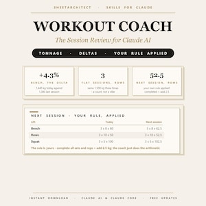 Claude Skill Workout Coach, Training Log Helper for Claude AI, Gym Session Review Tonnage Progression Tracker, Lifting Tool, Download