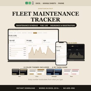 Könnte beinhalten: Eine digitale Flottenwartungs-Tracker-Vorlage für Excel und Google Sheets. Die Anzeige zeigt ein Kraftstoffprotokoll-Dashboard mit Diagrammen, Kilometerdaten und Fahrzeuglisten. Enthält acht Farbthemen, helle und dunkle Modi sowie Mobilansicht.