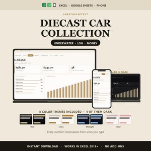 May include: A digital diecast car collection tracker template for Excel and Google Sheets. The interface displays a garage dashboard with financial data, car counts, and value charts. Includes eight color themes, mobile compatibility, and dark mode options.