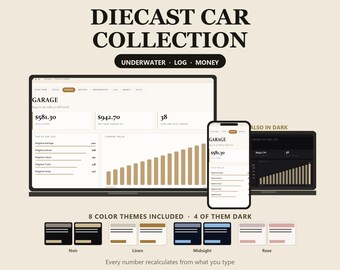 ダイキャストカーコレクション用スプレッドシート（​​Excel）、ダイキャスト在庫トラッカー（損益計算機能付き）、コレクターデータベース、Googleスプレッドシートテンプレート