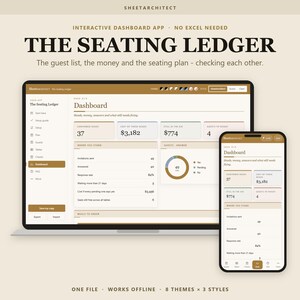 Puede incluir: Una aplicación de panel digital titulada The Seating Ledger que se muestra en la pantalla de una computadora portátil y un teléfono inteligente. La interfaz presenta campos de datos para conteo de invitados, costos y planos.