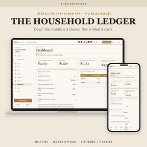 Puede incluir: Una aplicación de panel digital titulada The Household Ledger que se muestra en la pantalla de una computadora portátil y un teléfono inteligente. La interfaz presenta datos financieros, incluidos costos mensuales del hogar, cálculos de división y métricas de presupuesto.