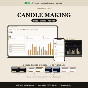 Puede incluir: Una plantilla de hoja de cálculo digital para la fabricación de velas en Excel y Google Sheets, con paneles de seguimiento de ventas, residuos y periodos. Incluye ocho temas de color, compatibilidad móvil y funciones de recálculo automático.