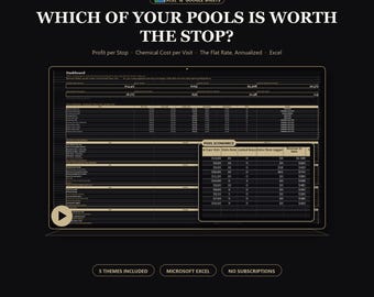 Pool Service Spreadsheet Excel, Pool Cleaning Business Template, Route Profit and Chemical Cost Tracker, Google Sheets, 5 Themes