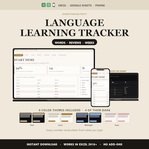 Language Learning Tracker Spreadsheet, Vocabulary Tracker with Forgetting Curve, Spaced Repetition Excel Template, Google Sheets