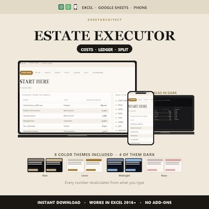 Estate Executor Spreadsheet Excel, Probate Accounts with Asset Debt and Distribution Reconciliation, Google Sheets