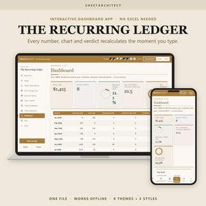 May include: A digital dashboard app interface titled The Recurring Ledger displayed on a laptop and smartphone screen. The interface features data tables, metrics for MRR, active clients, churn rate, and customer lifespan in a tan and white colour scheme.