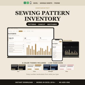Sewing Pattern Inventory Spreadsheet, Fabric Stash Tracker with Can I Sew It Yardage Check, Excel and Google Sheets Sewing Planner