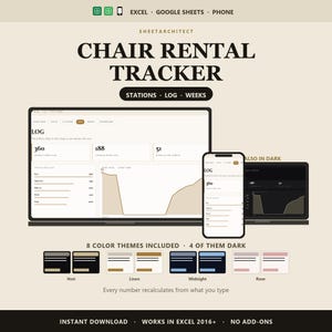 Puede incluir: Una plantilla de hoja de cálculo digital Chair Rental Tracker para Excel y Google Sheets. La interfaz muestra registros de alquiler, datos de estaciones y métricas semanales con modos claro y oscuro. Incluye ocho temas de color: Noir, Linen, Midnight y Rose.