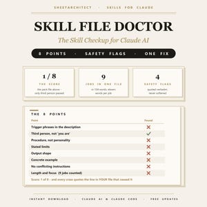 May include: A digital document titled Skill File Doctor for Claude AI, featuring a score of 1/8. It displays 9 jobs in one file, 4 safety flags, and a checklist of 8 points with red X marks and one green check mark indicating the evaluation results.