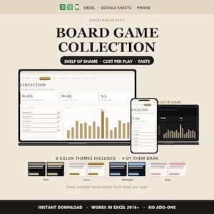 Puede incluir: Una plantilla digital para el seguimiento de colecciones de juegos de mesa para Excel y Google Sheets. La interfaz muestra visualizaciones de datos, gráficos de barras y estadísticas en modos claro y oscuro. Incluye ocho temas de color: Noir, Linen, Midnight y Rose.