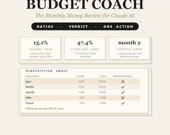 Claude Skill Budget Coachのテスト済み、Claude AI向け月次資金レビュー、6ステップの予算チェックアップ＋5ページガイド、即時ダウンロード