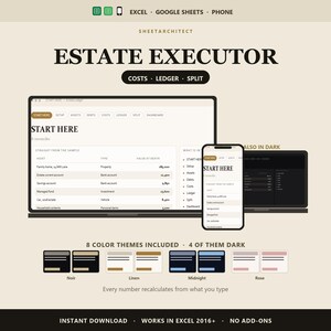 Estate Executor Spreadsheet Excel, Probate Accounts with Asset Debt and Distribution Reconciliation, Google Sheets