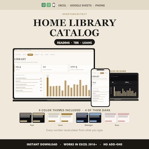 May include: A digital home library catalog template for Excel and Google Sheets, displayed on a laptop and smartphone. The interface features data dashboards, reading lists, and bar charts. Includes eight color themes: Noir, Linen, Midnight, and Rose.