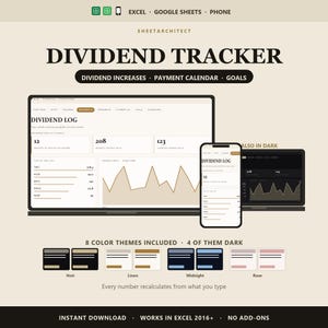 Può includere: Un modello di foglio di calcolo digitale per il monitoraggio dei dividendi per Excel e Google Sheets. Il display mostra una dashboard con registro dei dividendi, grafici e tabelle dati su laptop e smartphone. Include otto temi di colore come Noir, Linen, Midnight e Rose.