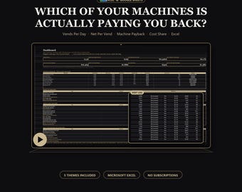 Vending Machine Spreadsheet Excel, Vending Business Profit Tracker, Vends Per Day and Machine Payback Template, Google Sheets, 5 Themes