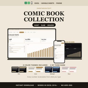 Könnte beinhalten: Eine digitale Vorlage zur Verwaltung von Comics mit dem Titel SHEETARCHITECT COMIC BOOK COLLECTION. Sie zeigt Daten auf einem Laptop, Smartphone und Tablet, inklusive Balkendiagrammen, Finanzübersichten und acht verschiedenen Farbthemen wie Noir, Linen, Midnight und Rose.