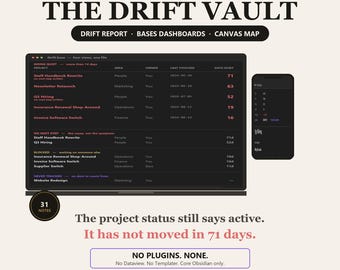 Obsidianプロジェクト管理Vaultテンプレート、停滞プロジェクトトラッカー（ベースダッシュボード付き）、プラグイン不要、即時ダウンロード