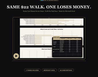 Dog Walking Business Spreadsheet Excel, Pet Sitting Tracker, Route Profit and Multi-Pet Pricing Calculator, Client Value Tracker, 5 Themes
