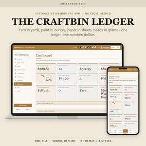 Puede incluir: La aplicación de panel interactivo The CraftBin Ledger mostrada en una pantalla de portátil y smartphone. La interfaz presenta un esquema de colores beige y blanco con campos de datos para el valor total del inventario.