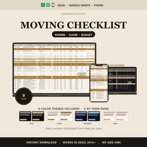 Moving Checklist Spreadsheet Excel, Moving Planner and Box Inventory with First 24 Hours Unpack Order, Mover Claim Value, Google Sheets