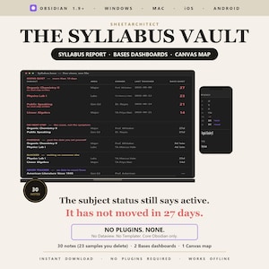 Obsidian Student Template Vault, Class and Deadline Tracker with Bases Dashboards, No Plugins, Instant Download