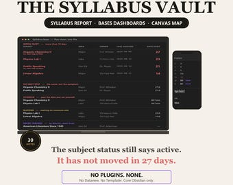 Obsidian Student Template Vault、クラスと締め切りトラッカー（ベースダッシュボード付き）、プラグイン不要、即時ダウンロード