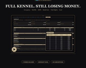 Dog Boarding Spreadsheet Excel, Kennel Occupancy and RevPAK Tracker, Pet Boarding Business Booking and Profit Template, 5 Themes