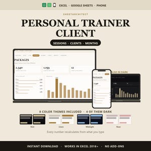 Personal Trainer Client Tracker Spreadsheet Excel, Session Package and Unearned Revenue Tracker, Expiry and Hourly Rate, Google Sheets