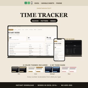 Time Tracker Spreadsheet Excel, Work Hours Log with Unaccounted Time Calculator, Timesheet and Focus Block Tracker, Google Sheets