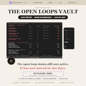 Modelo Obsidian Second Brain Vault, rastreador de projetos pessoais e Open Loops com painéis básicos, sem plugins, download instantâneo.