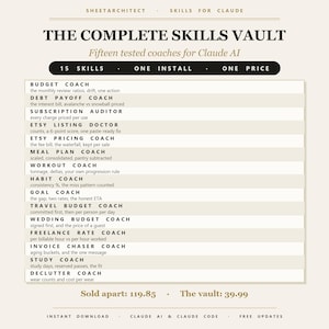 Könnte beinhalten: Ein digitales Produktinformationsblatt mit dem Titel The Complete Skills Vault für Claude AI. Es listet 15 spezialisierte Coaches auf, darunter Budget, Debt Payoff, Subscription Auditor, Etsy Listing Doctor, Pricing, Meal Plan, Workout, Habit, Goal, Travel, Wedding, Freelance, Invoice, Study und Declutter.