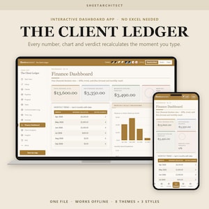 Könnte beinhalten: Eine digitale Finanz-Dashboard-App mit dem Titel The Client Ledger, angezeigt auf einem Laptop- und Smartphone-Bildschirm. Die Benutzeroberfläche enthält Datentabellen, Balkendiagramme und Finanzkennzahlen wie Umsatz und Saldo.