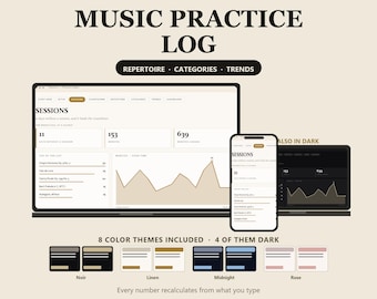 音楽練習記録スプレッドシート（​​Excel）、練習トラッカー（期限切れ曲カウントダウンとレパートリーログ付き）、ピアノジャーナル、Googleスプレッドシート