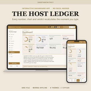 Op de afbeelding: Een digitale dashboard-app genaamd The Host Ledger weergegeven op een laptop- en smartphonescherm. De interface bevat beige en bruine kleurenschema's met gegevensgrafieken, financiële statistieken en navigatiemenu's voor beheer.
