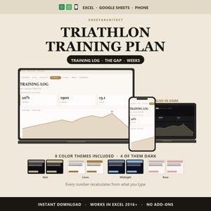 May include: A digital triathlon training plan template for Excel and Google Sheets, featuring a laptop and smartphone interface displaying training logs, progress charts, and data metrics. Includes eight color themes, four of which are dark.