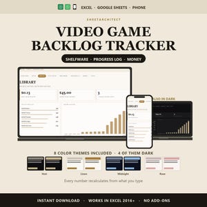 Peut inclure: Un modèle de feuille de calcul numérique pour le suivi des jeux vidéo, compatible avec Excel et Google Sheets. L'interface affiche des statistiques de bibliothèque, des journaux de progression et des données financières avec huit thèmes de couleurs, dont Noir, Linen, Midnight et Rose.