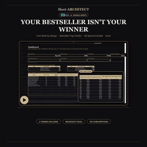 Print-on-demand tracker in Excel, winstspreadsheet voor Etsy, Printify en Printful verkopers, dashboard voor ontwerpmarges en bestsellers, 5 thema's