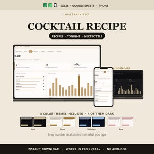 Puede incluir: Una plantilla digital de recetas de cócteles para Excel y Google Sheets, mostrada en una computadora portátil, un teléfono inteligente y una tableta. La interfaz muestra el inventario del bar, costos de ingredientes y gráficos. Incluye ocho temas.