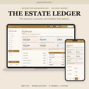 Könnte beinhalten: Die interaktive Dashboard-App The Estate Ledger auf einem Laptop- und Smartphone-Bildschirm. Die Benutzeroberfläche zeigt Finanzdaten wie Bruttonachlass, Schulden, Kosten und Nettonachlass in einem klaren Layout mit Text.