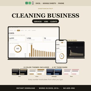 Puede incluir: Una plantilla de panel digital para un negocio de limpieza llamada SheetArchitect, con visualizaciones de datos para costos, servicios, trabajos y clientes. Muestra interfaces en modo claro y oscuro en una computadora portátil y un teléfono inteligente.