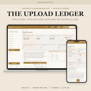 Puede incluir: Una interfaz de aplicación de panel de control titulada The Upload Ledger mostrada en una pantalla de computadora portátil y teléfono inteligente. La interfaz presenta tablas de datos, gráficos y métricas en un esquema de color beige.