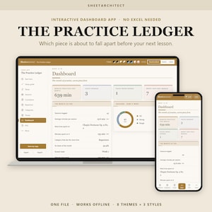 Op de afbeelding: De interactieve dashboard-app The Practice Ledger weergegeven op een laptop- en smartphonescherm. De interface toont datastatistieken, waaronder geoefende minuten, achterstallige stukken en sessielogboeken met tekst en grafieken.