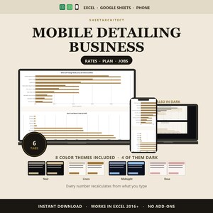 Mobile Detailing Business Spreadsheet Excel, Car Detailing Job Cost Calculator, Auto Detailing Profit Tracker, Google Sheets, 8 Themes